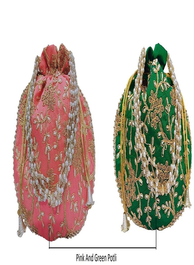 athizay حقيبة athizay Potli (عبوة من 2 Potli) حقائب يد مصممة باللونين الأخضر والوردي Matka || - Image 4